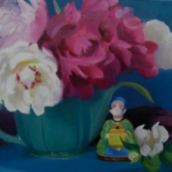 "Peonies with Chinese Figurine" 11 x 14 oil on linen