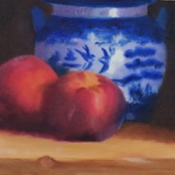 "Peaches with Blue Willow Ginger Jar" 5 x 7 oil on board
