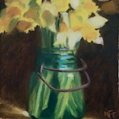 "Daffodils in Old Glass Jar" 6 x 8 oil on board