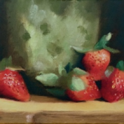 "Strawberries with Green Pottery" 5 x 7 oil on board