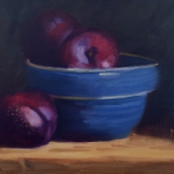 "Red Plums in Blue Bowl" 5 x 7 oil on board