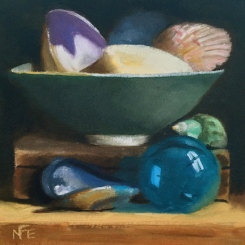 "Seashells in Celadon Bowl" 6 x 6 oil on board